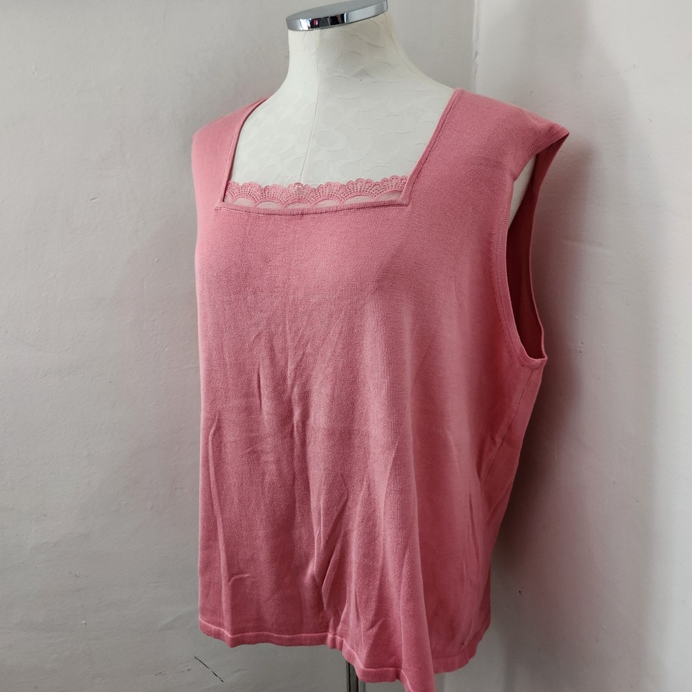 Maggie McNaughton Pink Silk Cotton Lace Trim Square Neck Knit Tank Top 2X NWT - Picture 4 of 4